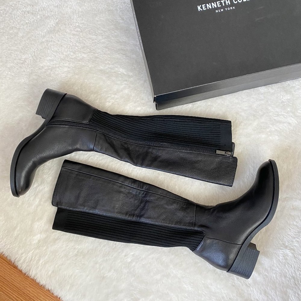 Kenneth Cole Levon Leather & Rib Knit Knee High Boot, Black, Size 6.5/7.5